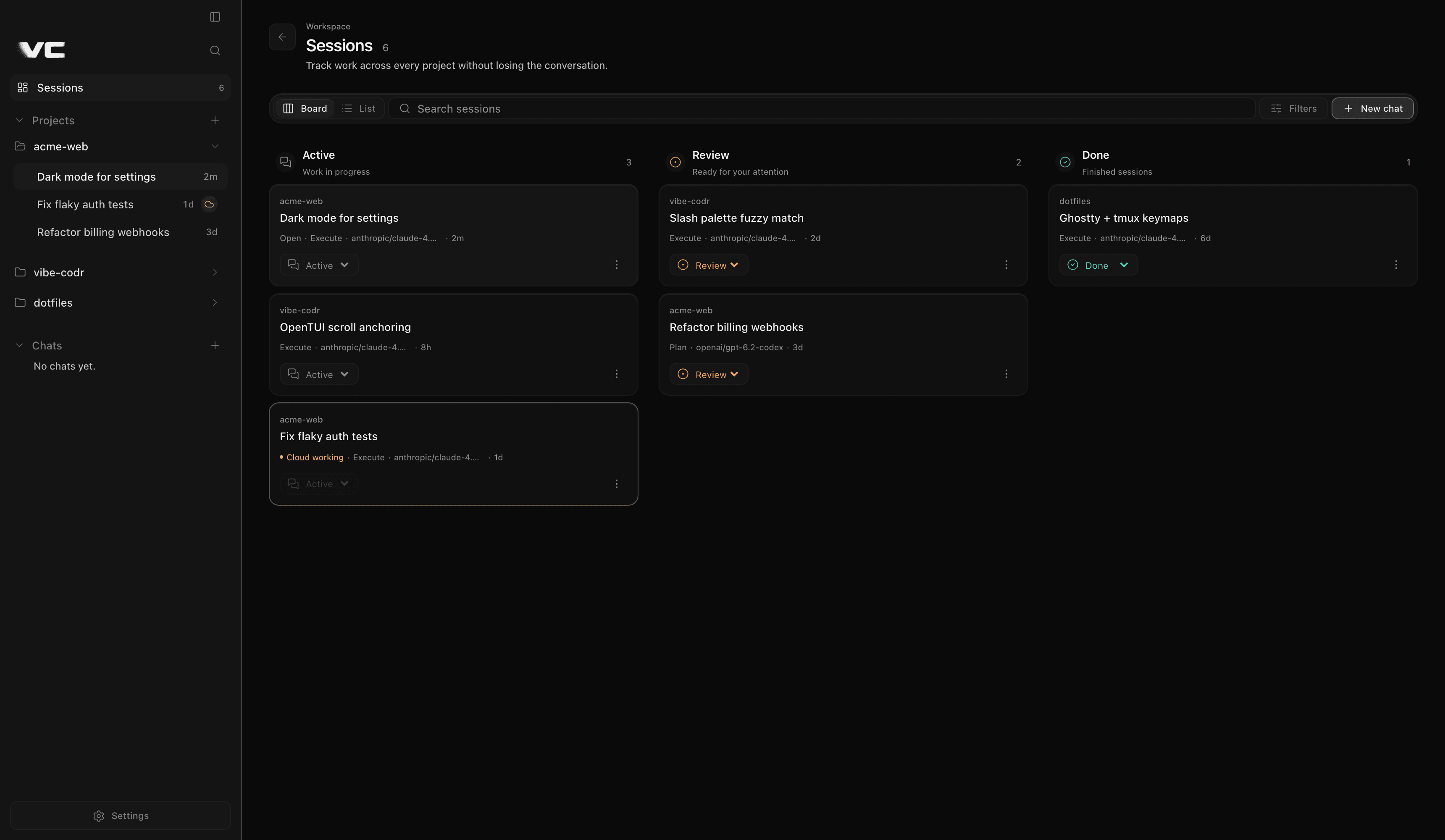 Vibe Codr Sessions workspace with Active, Review, and Done columns and VC brand mark